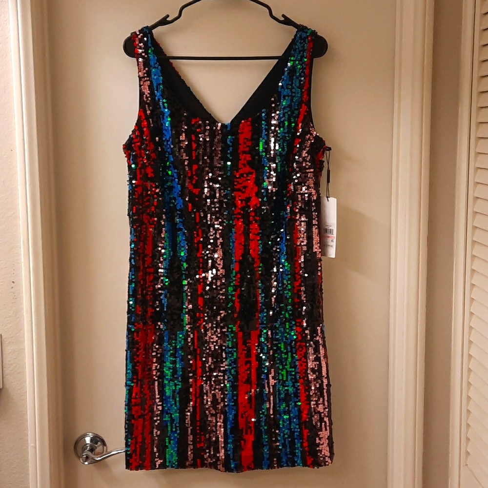 NWT, Calvin Klein Sequin Stripe Mini Dress